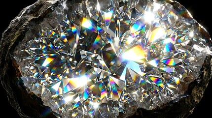 Naklejka premium Crystal Geode with Rainbow Iridescent Shards and Bright Glow Inside Dark Rocky Cavity for Fantasy Design Background