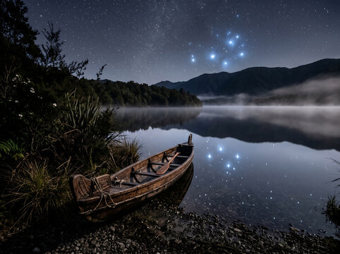A serene night scene featuring an old wooden rowboat resting on the misty shore of a tranquil lake, with the brilliant Matariki star cluster reflecting on the calm water and mountains in the distance.