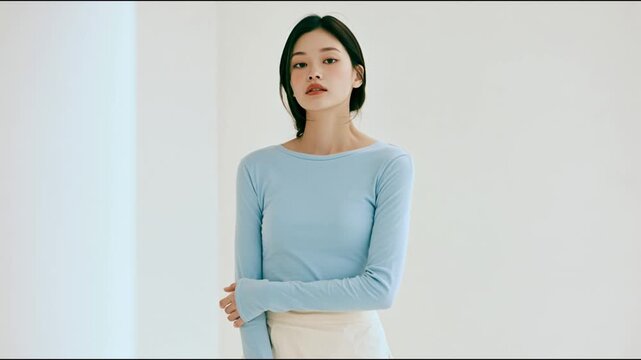 Elegant East Asian woman wearing light blue casual long sleeve shirt in studio