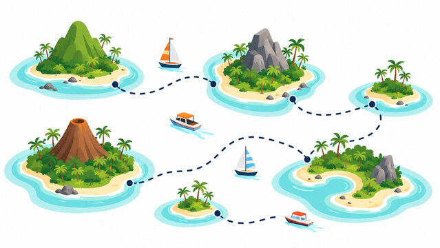 Summer Holiday Abstract island hopping map with boats, dotted route Flat Vector Illustration on White Background