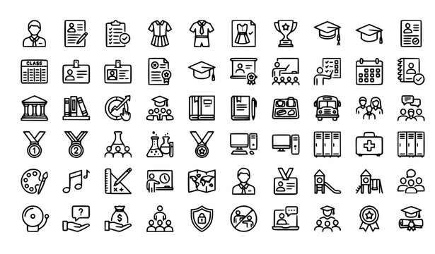 Student Information System Line Icons Set with School Uniform and Achievement Symbols