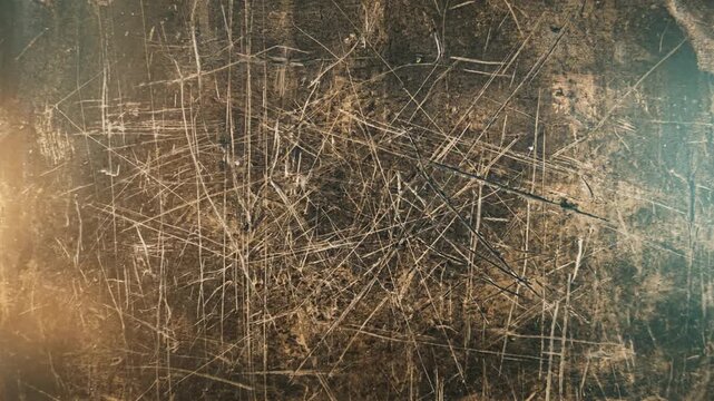 Scratched metal texture with golden light reflection.