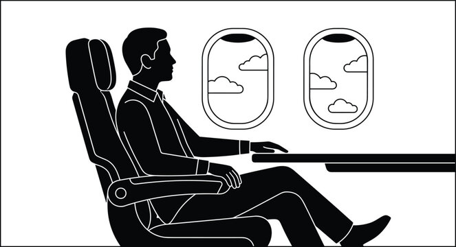 Man passenger sitting in comfortable airplane seat near windows looking at clouds vector business travel silhouette illustration