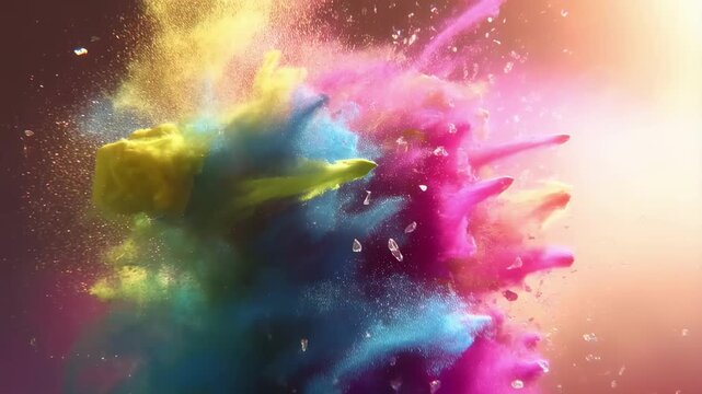3d animated holi powder explosion with glowing sparkles and vibrant colors in slow motion