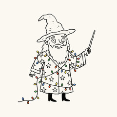 Funny cartoon wizard tangled up in colorful Christmas holiday fairy lights.