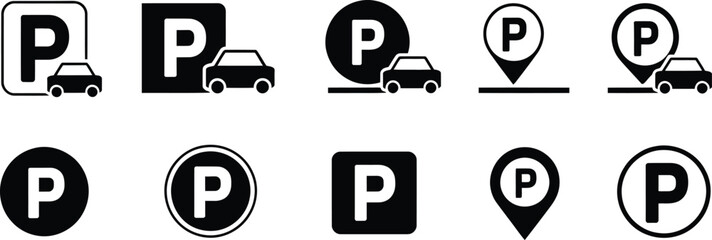 Parking Lot, Road Sign, and Car Icon Set Vector Illustration for Traffic and Transportation Design © GAjam