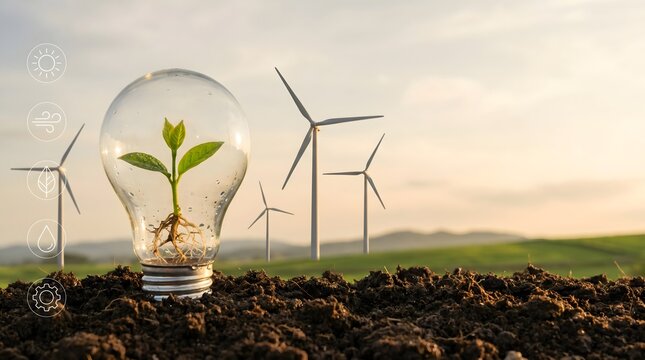 Green energy concept with plant growing inside a lightbulb and wind turbines