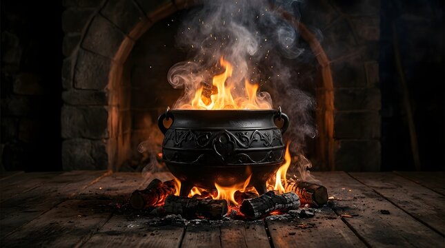 Medieval cauldron with roaring flames over a wood fire in a stone hearth setting