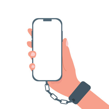 Chained and shackled hand, addicted to social networking, Internet dependence concept. hand holding smartphone with social network vector illustration