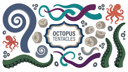 Collection of underwater octopus tentacles and symbols. © NAZMA