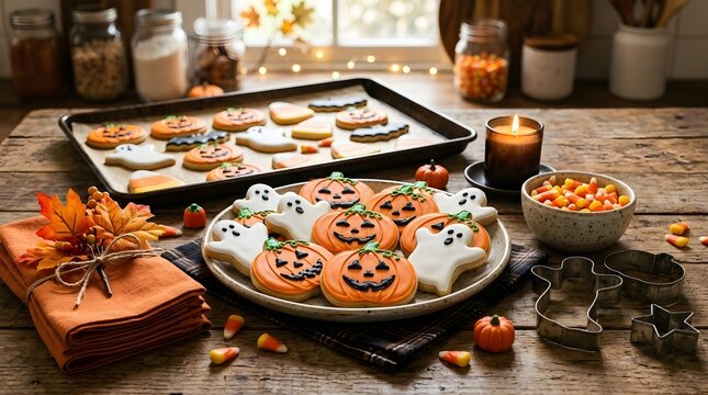 Halloween cookies and treats on a rustic wooden table
