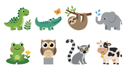 Obraz premium Cute cartoon wild animals and zoo characters set icons.