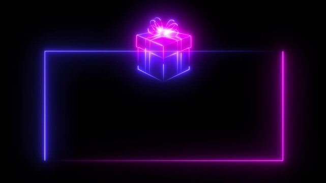 glowing neon gift box frame icon on black background. Neon gift boxes and rectangular frame icon. frame holding gift boxes, perfect for holidays or special 4k video...