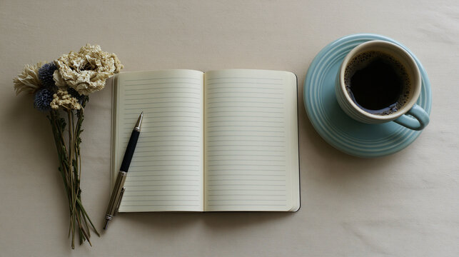 Open notebook with blue coffee cup and pen on desk