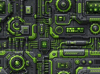 Fototapeta premium A detailed, high-tech panel with green and black patterns, showcasing intricate pipes, circuits, and futuristic elements creating a cybernetic atmosphere.