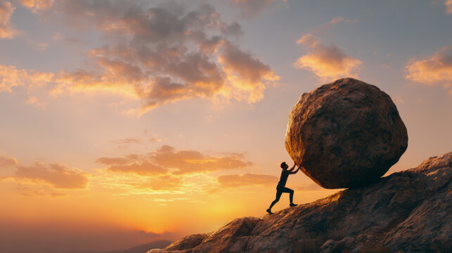 Man pushing boulder uphill at sunset, concept of Sisyphus