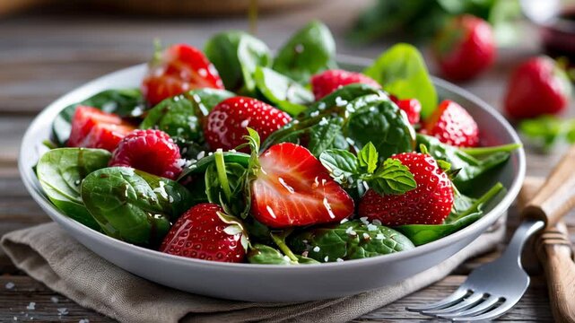 Close-up of spinach and strawberry salad with vinaigrette drizzle