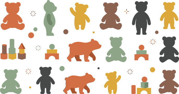 Minimalist boho teddy bear silhouette vector set featuring neutral tone toy bears wooden blocks geometric elements and abstract nursery decorative graphics