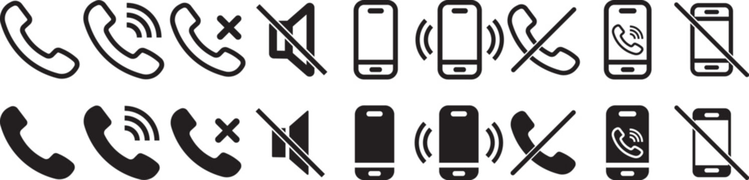 phone call and mobile communication line icons set, telephone incoming outgoing missed call voice mail mute silent ring smartphone message chat and contact vector outline icon. Phone icons collection.