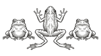 Obraz premium Three frogs on white background one facing front.
