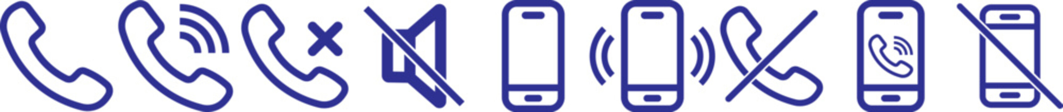 phone call and mobile communication line icons set, telephone incoming outgoing missed call voice mail mute silent ring smartphone message chat and contact vector outline icon. Phone icons collection.