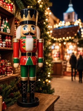 Klassischer Nussknacker vor einem festlich beleuchteten Stand auf einem deutschen Weihnachtsmarkt. Weihnachtliche Dekoration, warme Lichter und traditionelle Adventsstimmung im Winter.