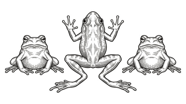 Three frogs on white background one facing front.
