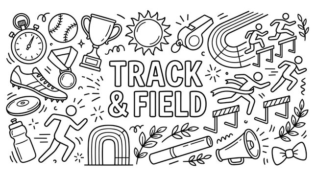 Track and field doodle set with various elements.