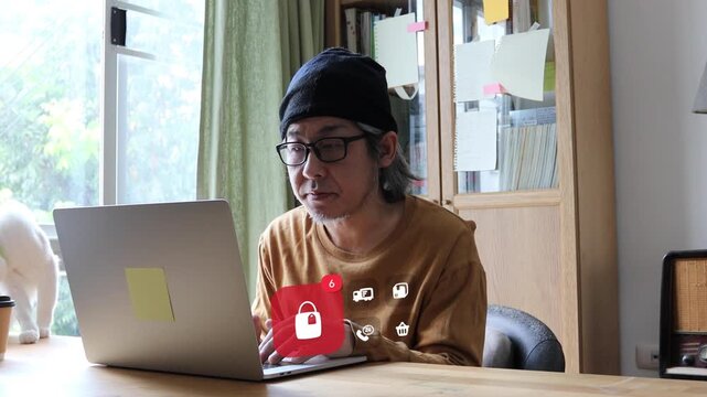 Mature East Asian customer types on laptop at home desk, displaying a 3D tracked retail bag icon with floating parcel delivery truck and 24h support pop ups.