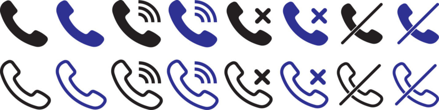 phone call and mobile communication line icons set, telephone incoming outgoing missed call voice mail mute silent ring smartphone message chat and contact vector outline icon. Phone icons collection