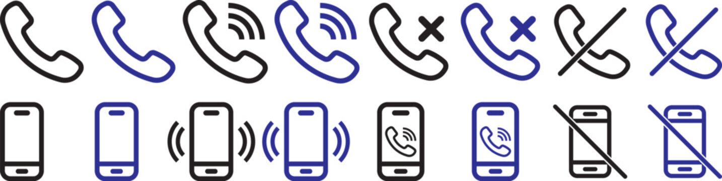 phone call and mobile communication line icons set, telephone incoming outgoing missed call voice mail mute silent ring smartphone message chat and contact vector outline icon. Phone icons collection