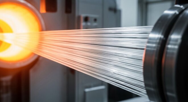 Close up view of molten glass fibers being manufactured in an industrial setting