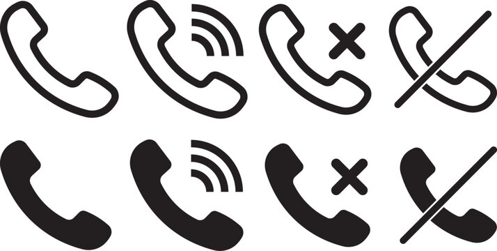phone call and mobile communication line icons set, telephone incoming outgoing missed call voice mail mute silent ring smartphone message chat and contact vector outline icon. Phone icons collection