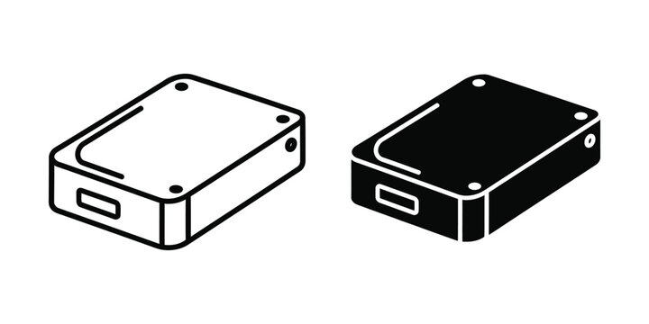 External hard drive in outline and solid black isolated on white background for digital storage concepts