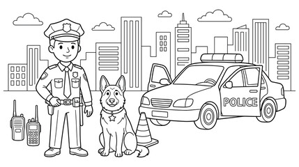 Police officer standing with dog near patrol car in city. © NAZMA