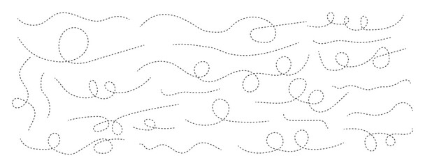 Hand drawn dotted lines path on white background. Transport dot paths lines traces, travelling symbol,  track plan and silhouette, tourism design.  © Parvin Styles