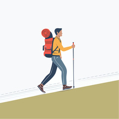 Obraz premium Man with Backpack and Hiking Poles Ascending a Hill