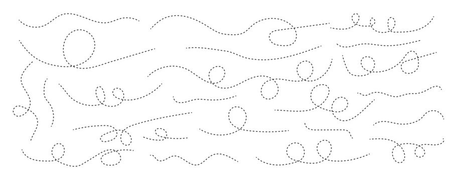 Hand drawn dotted lines path on white background. Transport dot paths lines traces, travelling symbol,  track plan and silhouette, tourism design. 