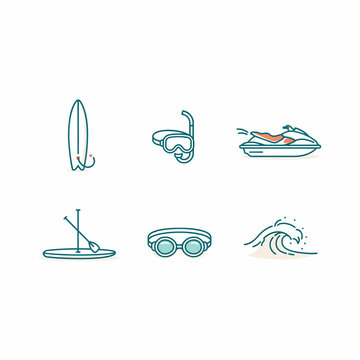 Professional Summer Water Sports Vector Icon Set &ndash; Surfboard, Snorkeling Mask, Jet Ski, Paddle Board, Swimming Goggles, Beach Wave, Line Art Style