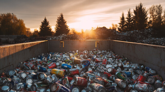 Industrial bin full of aluminum cans at sunset