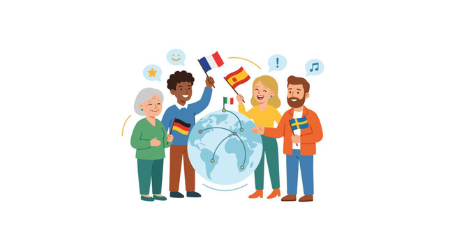 Diverse people holding flags around globe, global communication concept