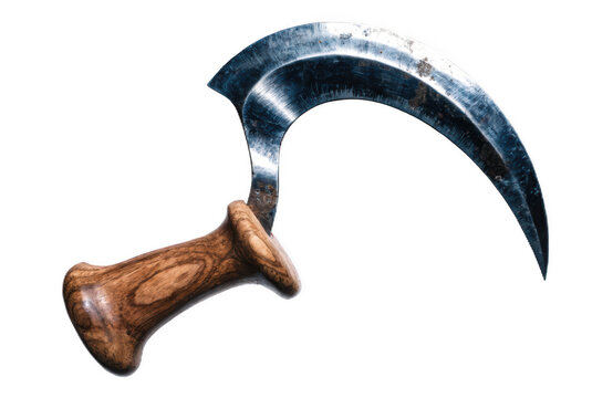 Curved steel blade with polished wooden handle tool isolated on a transparent background sickle karambit