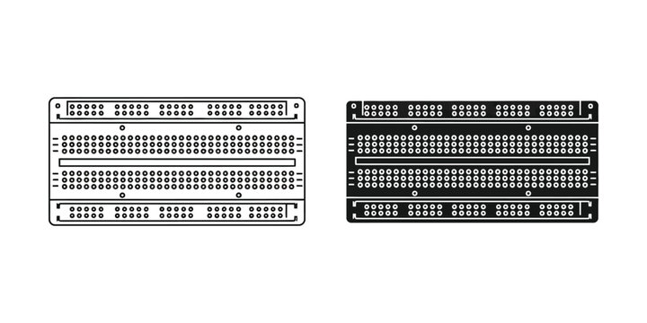 Two electronic breadboards in black and white outline contrasting for circuitry prototyping and development