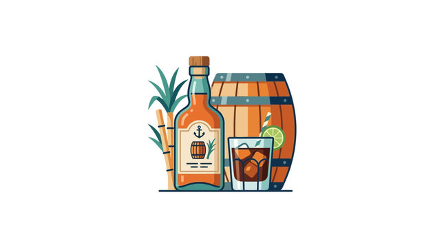 Rustic rum bottle with barrel and cocktail glass illustration