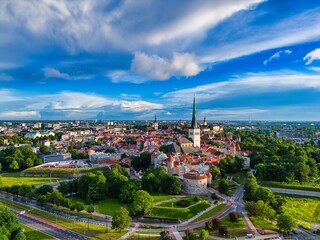 Naklejka premium Panoramic Drone View of Tallinn Old Town and St Olafs Church Estonia