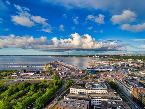 Tallinn Old City Harbour Aerial View with Baltic Sea Coastline Estonia