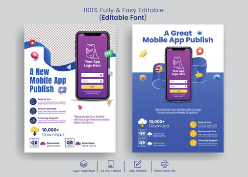 Startup mobile app promotion flyer poster template pack UI UX digital marketing software development app launch smartphone phone repair printable A4 brochure leaflet designs bundle illustration