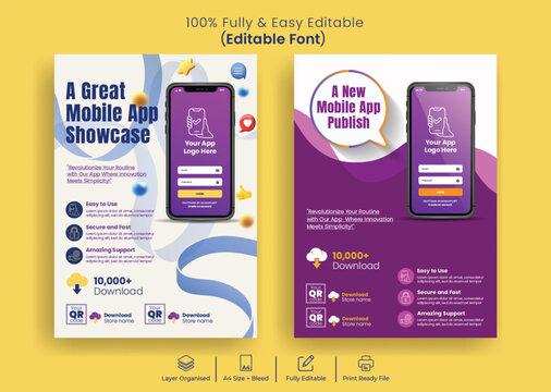 Mobile app promotion flyer poster template set pack for phone repair application development brochure leaflet printable A4 startup app launch marketing software 3D smartphone illustration designs