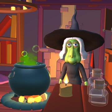 Witch in magic hut brews a potion in a cauldron. Spooky Halloween, human skull with a burning candle and stove. 3d render illustration