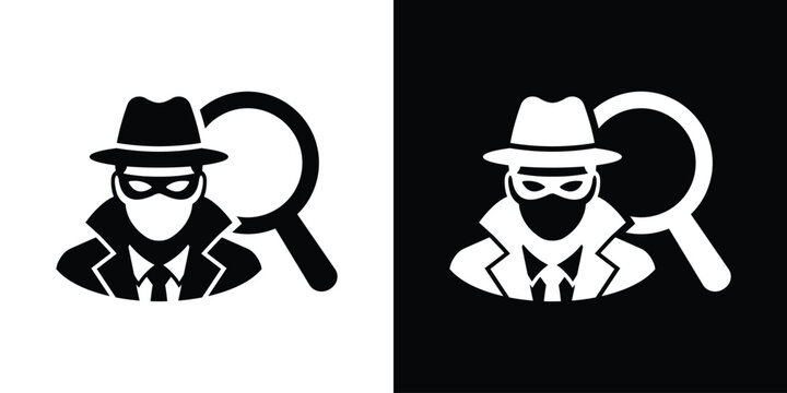 Spy or thief avatar with a magnifying glass behind. Silhouette vector of a masked criminal in a fedora hat and coat being investigated. Cyber fraud detection and network scam audit concept.